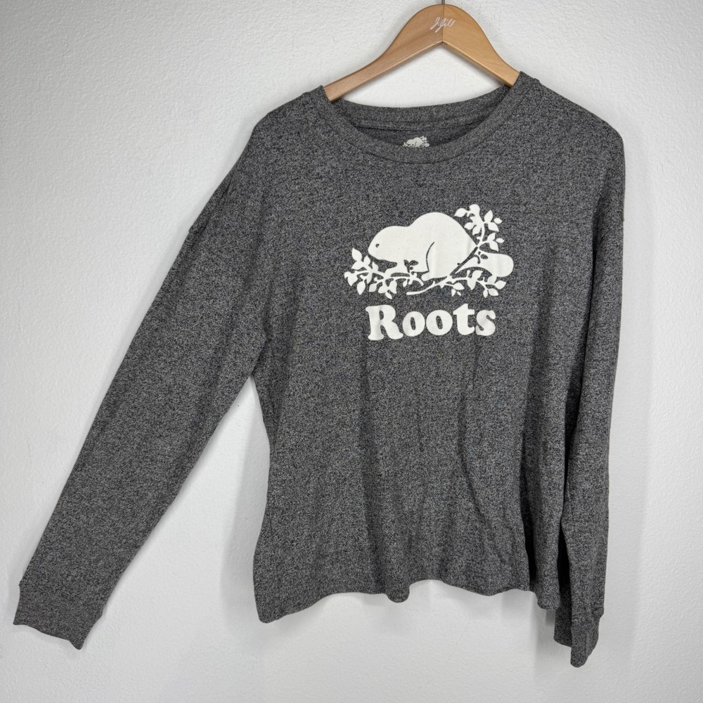 Roots Beaver Logo Long Sleeve Top Grey Small Organic Cotton Cabin Indie Granola